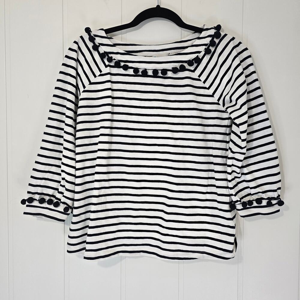 Boden Pom Pom Trim Striped Knit Top Tee White Navy US Size 6 Cotton